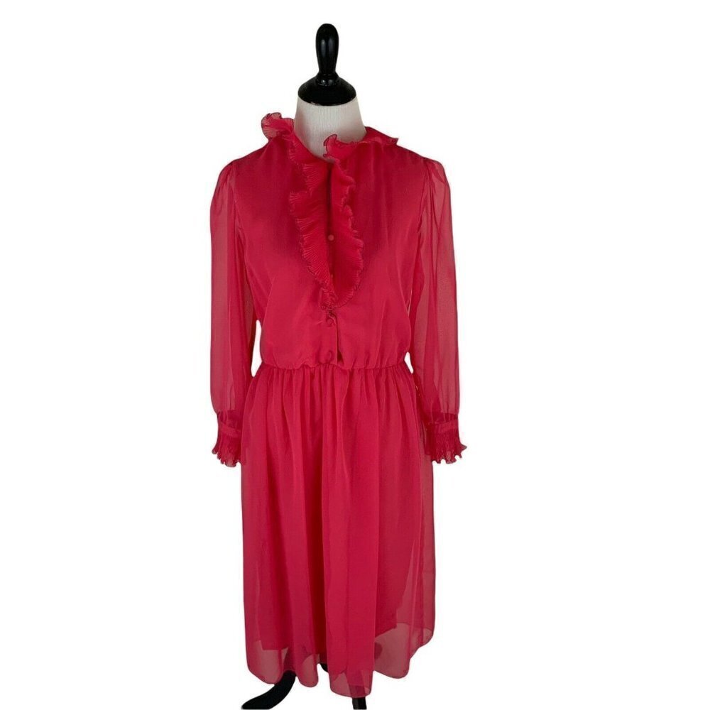Jeri New York Vintage 1980's Evening Dress Size 8 Chiffon Hot Pink Ruffle Collar